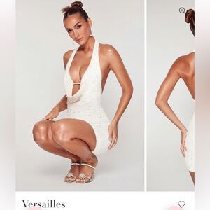 OhPolly White Beaded Halter Mini Dress